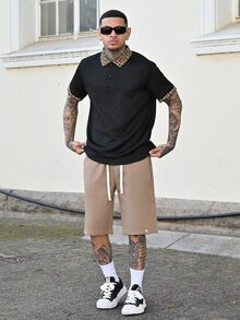 Devon Thys 男士针织提花纯色纹理罗纹领口和袖口 Polo 衫 - 黑色 - 查看 1