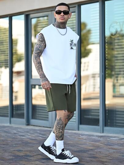 Devon Thys Set de bluză și pantaloni scurți fără mâneci, stil de vacanță, cu imprimeu simplu pentru bărbați, ținute confortabile, pentru sărbători