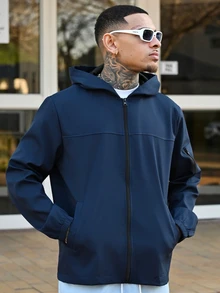 Devon Thys Men Light Grey Fabric Hooded Long Sleeve Outdoor Jacket For Sports And Outdoor Activities,Tech Wear Jacket, Fall - Navy Blue - View 5