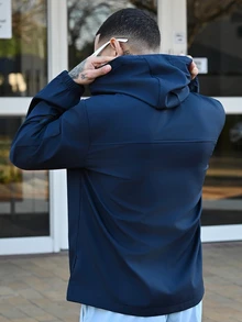 Devon Thys Men Light Grey Fabric Hooded Long Sleeve Outdoor Jacket For Sports And Outdoor Activities,Tech Wear Jacket, Fall - Navy Blue - View 2