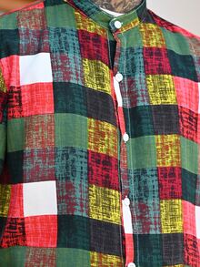 Devon Thys Men Plaid Print Button Front Shirt, Up Multicolor, Colorful Dopamine Colored Short Sleeve Men's Cutoff - Multicolor - View 6