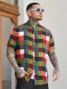 Devon Thys Men Plaid Print Button Front Shirt, Up Multicolor, Colorful Dopamine Colored Short Sleeve Men's Cutoff - Multicolor - View 5