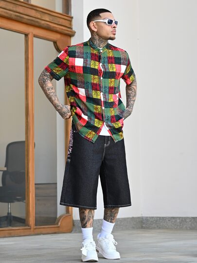 Devon Thys Men Plaid Print Button Front Shirt, Up Multicolor, Colorful Dopamine Colored Short Sleeve Men's Cutoff