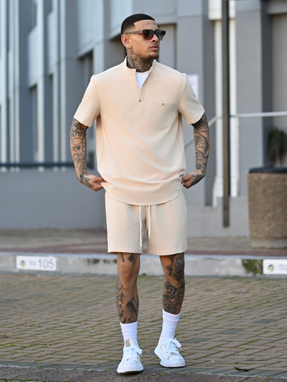 Devon Thys Men's Solid Color Front Button Pocket Short Sleeve Top And Shorts 2 Pieces Set Men Two Pieces Casual