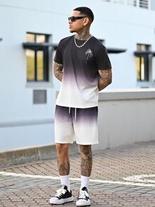 Devon Thys Men's Ombre Gradient Round Neck Short Sleeve T-Shirt And Shorts Two Pieces Set, Summer Co Ords, Cozy Outfits, Holiday - Multicolor - View 1