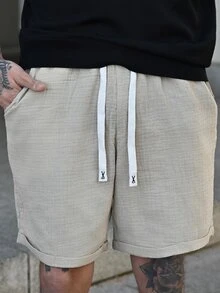 Devon Thys Men's Solid Color Drawstring Waist Pockets Textured Pure Cotton Shorts Men Shorts Casual, Holiday - Khaki - View 5