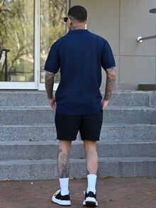 Devon Thys 男士夏季休闲短袖针织上衣老款唯美男士纽扣Polo衫男士针织Polo衫男士Polo衫 - 藏蓝色 - 查看 5