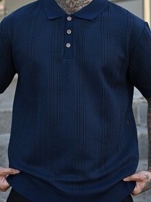 Devon Thys 男士夏季休闲短袖针织上衣老款唯美男士纽扣Polo衫男士针织Polo衫男士Polo衫 - 藏蓝色 - 查看 6