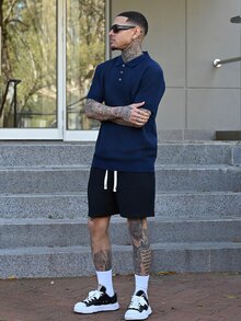 Devon Thys 男士夏季休闲短袖针织上衣老款唯美男士纽扣Polo衫男士针织Polo衫男士Polo衫 - 藏蓝色 - 查看 4