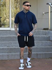 Devon Thys 男士夏季休闲短袖针织上衣老款唯美男士纽扣Polo衫男士针织Polo衫男士Polo衫 - 藏蓝色 - 查看 3