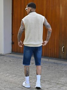 Devon Thys 男士纯色简约日常针织无袖背心，适合秋冬 - 米色 - 查看 5