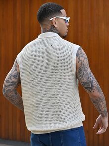 Devon Thys 男士纯色简约日常针织无袖背心，适合秋冬 - 米色 - 查看 2