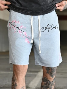Devon Thys Spring Casual Men's Loose Shorts With Sakura Flower Print - Light Grey - View 3