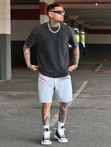 Devon Thys Spring Casual Men's Loose Shorts With Sakura Flower Print - Light Grey - View 1