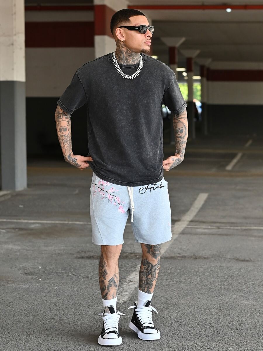 Devon Thys Spring Casual Men's Loose Shorts With Sakura Flower Print - Light Grey - View 1