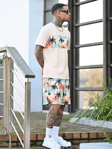 Devon Thys Men's Summer Casual Patchwork Coconut Tree Print Round Neck Short Sleeve T-Shirt And Shorts Set Summer Vacation Beach Outfits For Men, Holiday - Multicolor - View 3