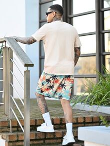 Devon Thys Men's Summer Casual Patchwork Coconut Tree Print Round Neck Short Sleeve T-Shirt And Shorts Set Summer Vacation Beach Outfits For Men, Holiday - Multicolor - View 2