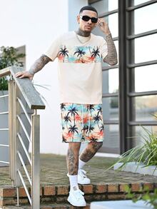Devon Thys Men's Summer Casual Patchwork Coconut Tree Print Round Neck Short Sleeve T-Shirt And Shorts Set Summer Vacation Beach Outfits For Men, Holiday - Multicolor - View 1
