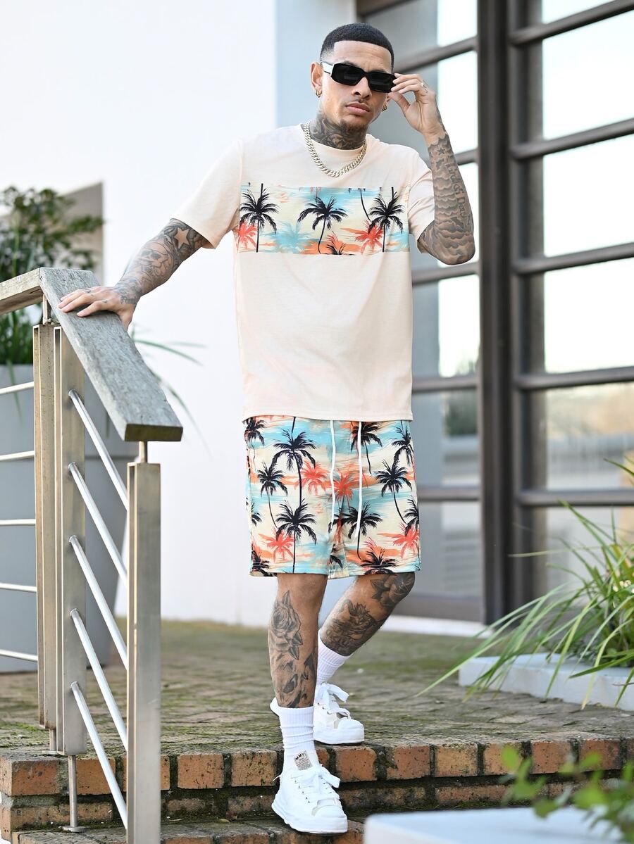 Devon Thys Men's Summer Casual Patchwork Coconut Tree Print Round Neck Short Sleeve T-Shirt And Shorts Set Summer Vacation Beach Outfits For Men, Holiday - Multicolor - View 1