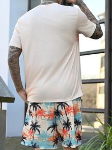 Devon Thys Men's Summer Casual Patchwork Coconut Tree Print Round Neck Short Sleeve T-Shirt And Shorts Set Summer Vacation Beach Outfits For Men, Holiday - Multicolor - View 5