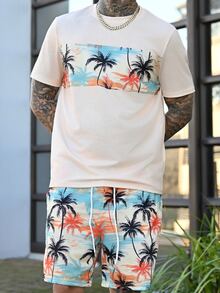 Devon Thys Men's Summer Casual Patchwork Coconut Tree Print Round Neck Short Sleeve T-Shirt And Shorts Set Summer Vacation Beach Outfits For Men, Holiday - Multicolor - View 4