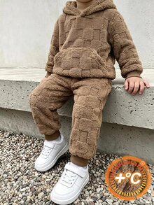 2件組 男童秋冬棕色極簡風軟質紋理格紋壓紋連帽長袖口袋上衣與配套紋理慢跑褲套裝，寬鬆休閒版型，適合日常外出、學校活動、戶外散步、家庭聚會、拍照 - 棕色 - 查看 1