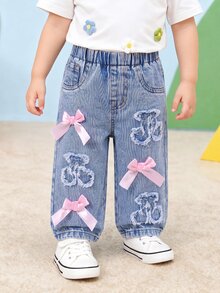 SHEIN 嬰兒幼兒女童牛仔長褲 夏季可愛風 淺藍色 破洞櫻桃毛邊補丁＋粉色蝴蝶結裝飾 鬆緊腰 棉質 女寶 - 淺色水洗藍 - 查看 5