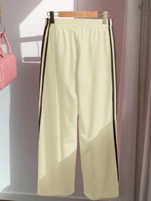 Comfortcana 女士休闲撞色条纹阔腿运动裤，适合夏季、春季、秋季穿着，米黄色阔腿裤 - 淡黃色 - 查看 3