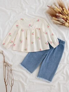 SHEIN Vintaside Kids 嬰兒女童花卉刺繡上衣與牛仔長褲2件套，夏季新品，休閒可愛復古植物印花，親膚柔軟直筒寬鬆原邊褲腳，適合日常穿著、兒童節、假期、野餐、上學、外出，夏季復古優雅甜美女寶套裝 - 白色 - 查看 2