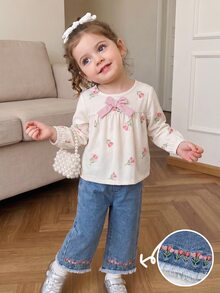 SHEIN Vintaside Kids 嬰兒女童花卉刺繡上衣與牛仔長褲2件套，夏季新品，休閒可愛復古植物印花，親膚柔軟直筒寬鬆原邊褲腳，適合日常穿著、兒童節、假期、野餐、上學、外出，夏季復古優雅甜美女寶套裝 - 白色 - 查看 6