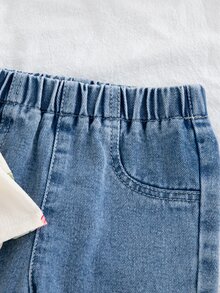 SHEIN Vintaside Kids 嬰兒女童花卉刺繡上衣與牛仔長褲2件套，夏季新品，休閒可愛復古植物印花，親膚柔軟直筒寬鬆原邊褲腳，適合日常穿著、兒童節、假期、野餐、上學、外出，夏季復古優雅甜美女寶套裝 - 白色 - 查看 5