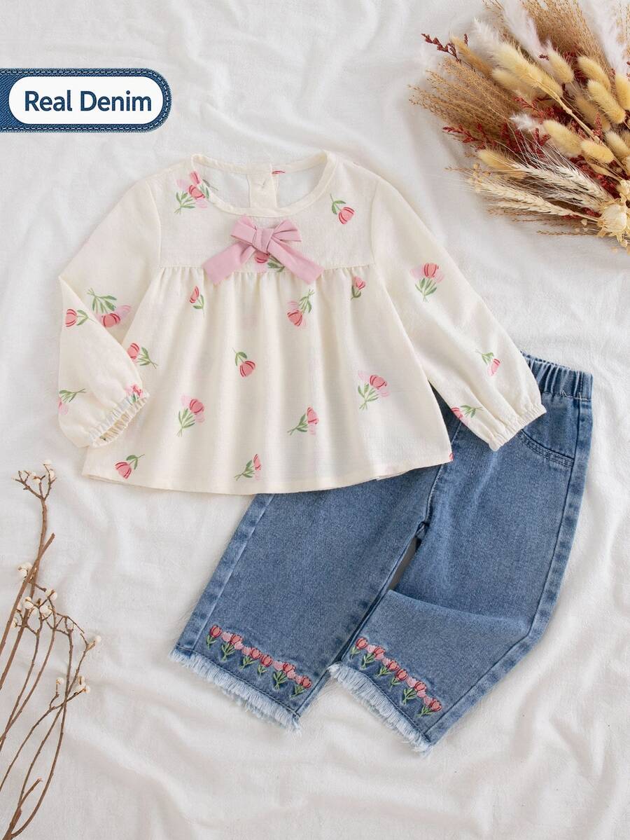 SHEIN Vintaside Kids 嬰兒女童花卉刺繡上衣與牛仔長褲2件套,夏季新品,休閒可愛復古植物印花,親膚柔軟直筒寬鬆原邊褲腳,適合日常穿著、兒童節、假期、野餐、上學、外出,夏季復古優雅甜美女寶套裝 - 白色 - 查看 1