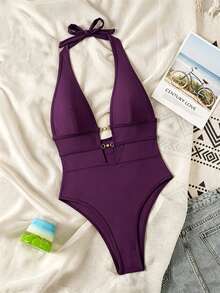Swim Lushoire Springbreak SXY 女士黑色深V领露背性感连体泳衣，节日波西米亚风 - 紫色 - 查看 4