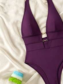 Swim Lushoire Springbreak SXY 女士黑色深V领露背性感连体泳衣，节日波西米亚风 - 紫色 - 查看 3