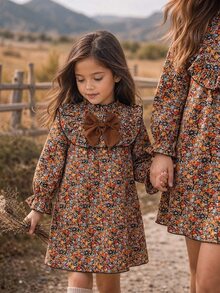 Emery Rose Kids Emery Rose Kids 女童小女孩編織碎花立領荷葉邊蝴蝶結休閒洋裝 - 卡其色 - 查看 6