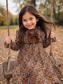 Emery Rose Kids Emery Rose Kids 女童小女孩編織碎花立領荷葉邊蝴蝶結休閒洋裝 - 卡其色 - 查看 5