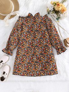 Emery Rose Kids Emery Rose Kids 女童小女孩編織碎花立領荷葉邊蝴蝶結休閒洋裝 - 卡其色 - 查看 8