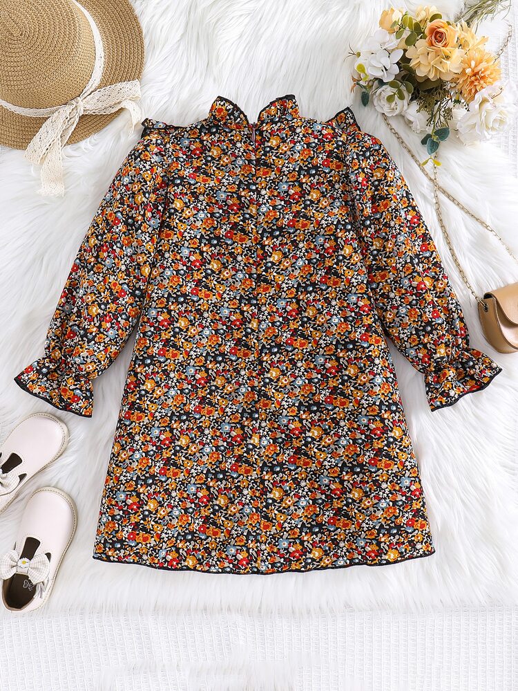 Emery Rose Kids Emery Rose Kids Kids Young Girl Young Girl Young Girl Woven Ditsy Floral Stand Collar Ruffle Bow Casual Dress - Khaki - View 7