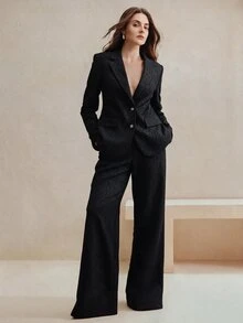 Anewsta Women's Fall/Winter Elegant Lace Embroidered Lapel Blazer, French Loose Fit Blazer For Dinner Commute Office Going Out Party - Black - View 3