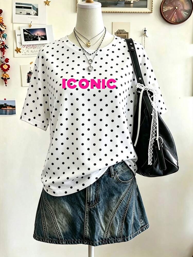 Breezaya Plus Size Women's Letter Print Polka Dot Casual Daily Short Sleeve T-Shirt - Multicolor - View 4