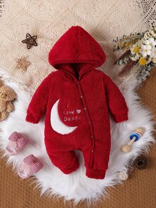 SHEIN 1件新生兒男嬰女嬰連身衣 日常休閒紅色月亮刺繡長袖連帽連身褲 毛茸茸絨毛抓絨加厚保暖秋冬裝 - 紅色 - 查看 3