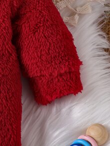 SHEIN 1件新生兒男嬰女嬰連身衣 日常休閒紅色月亮刺繡長袖連帽連身褲 毛茸茸絨毛抓絨加厚保暖秋冬裝 - 紅色 - 查看 4