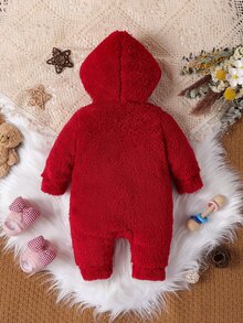 SHEIN 1件新生兒男嬰女嬰連身衣 日常休閒紅色月亮刺繡長袖連帽連身褲 毛茸茸絨毛抓絨加厚保暖秋冬裝 - 紅色 - 查看 2