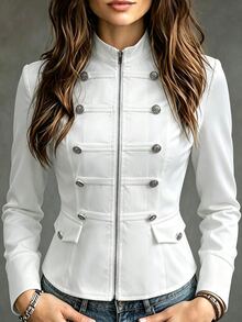 SHEIN Autumn Women's Elegant Street Chic Coats Slim Fit Short Multi Decorative Buttons Solid White Layering Outer Jackets Work Night For Daily Street Style - White - View 4
