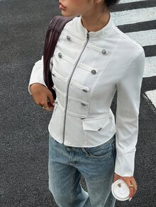 SHEIN Autumn Women's Elegant Street Chic Coats Slim Fit Short Multi Decorative Buttons Solid White Layering Outer Jackets Work Night For Daily Street Style - White - View 8