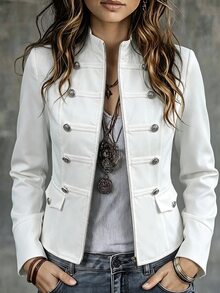 SHEIN Autumn Women's Elegant Street Chic Coats Slim Fit Short Multi Decorative Buttons Solid White Layering Outer Jackets Work Night For Daily Street Style - White - View 2