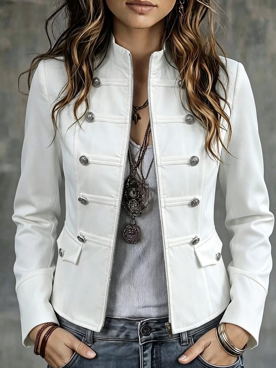 SHEIN Autumn Women's Elegant Street Chic Coats Slim Fit Short Multi Decorative Buttons Solid White Layering Outer Jackets Work Night For Daily Street Style