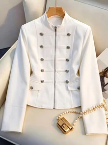 SHEIN Autumn Women's Elegant Street Chic Coats Slim Fit Short Multi Decorative Buttons Solid White Layering Outer Jackets Work Night For Daily Street Style - White - View 6