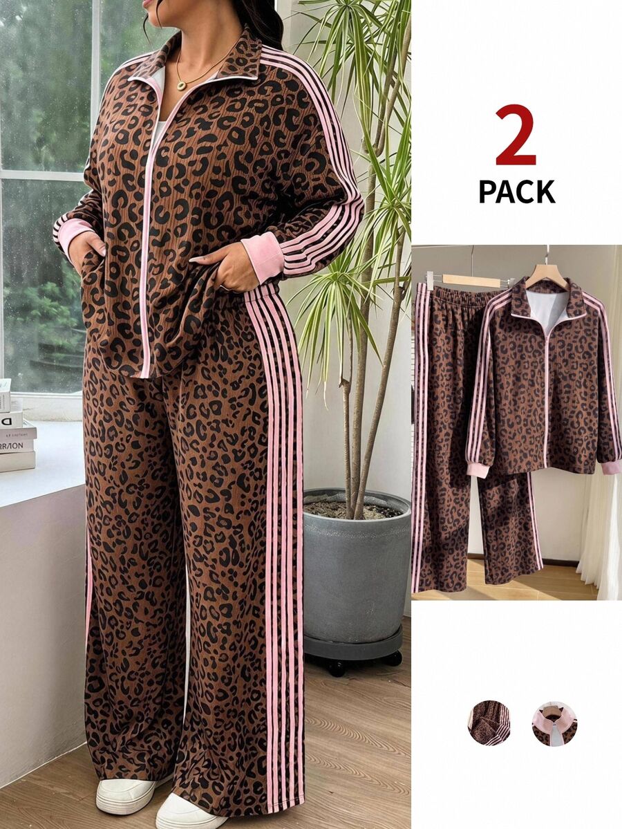 SHEIN EZwear 大尺碼時尚豹紋長袖運動衫與條紋拼接配色長褲套裝 秋季 - 棕色 - 查看 1
