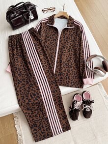 SHEIN EZwear 大尺碼時尚豹紋長袖運動衫與條紋拼接配色長褲套裝 秋季 - 棕色 - 查看 6